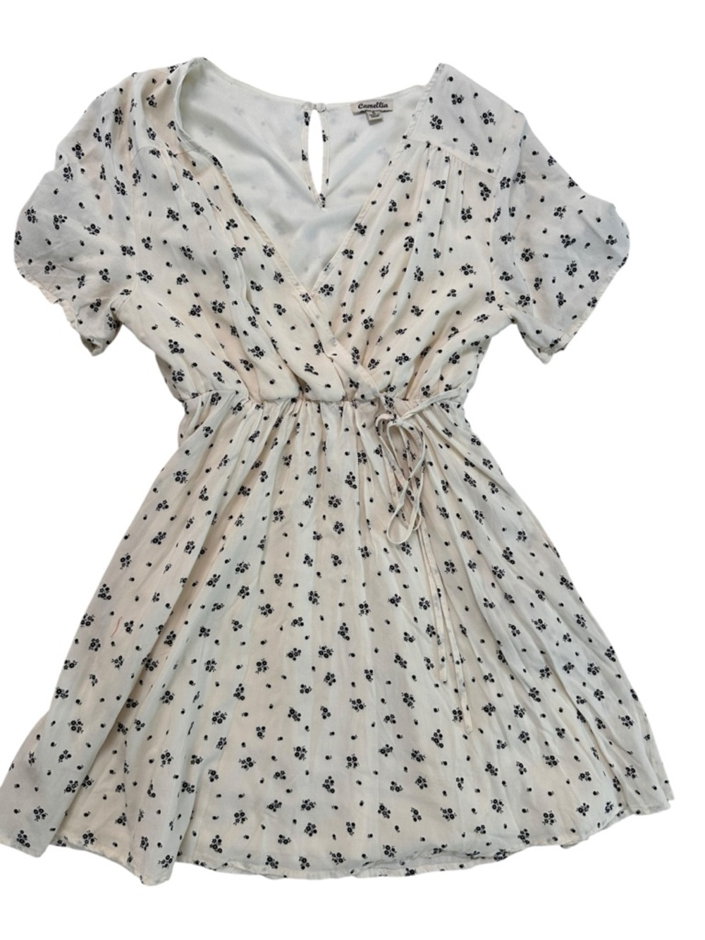 Camellia Women's Floral Short Sleeve Tie Side V-neck Mini Dress Size Small - Picture 7 of 17